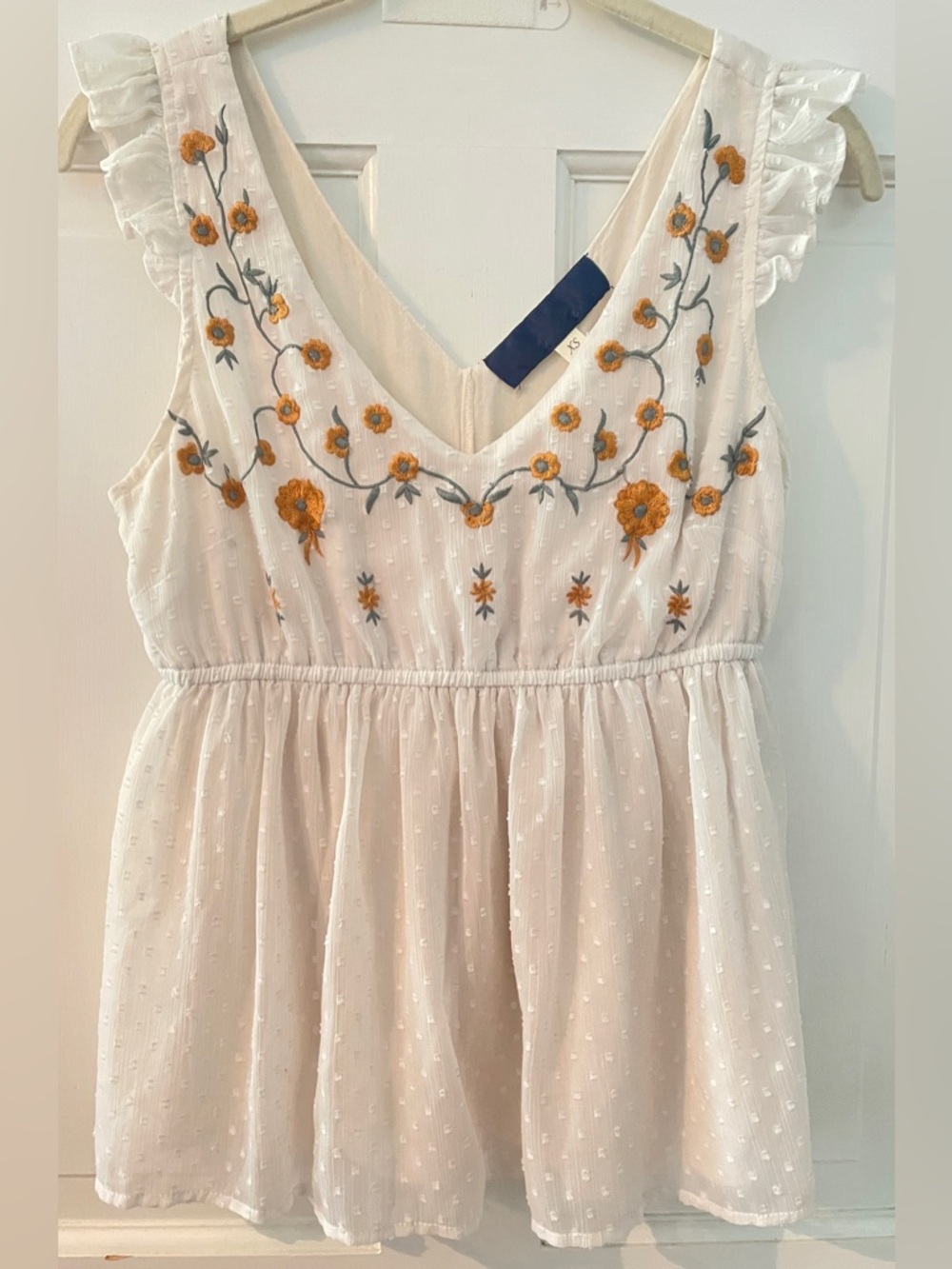 Blu Pepper Floral Embroidered Sleeves Off-White Ruffle Babydoll Top